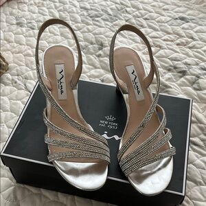 Nina Silver Strappy Heels with Rhinestone Embellishments